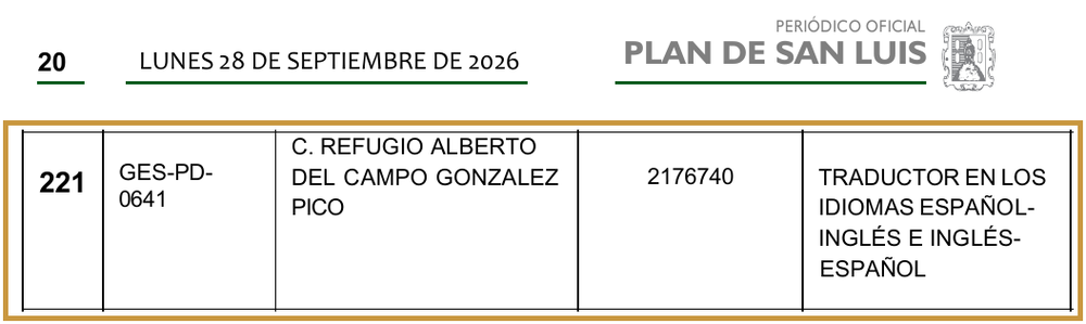 Fragmento de la página 20 del Listado Oficial de Peritos autorizados 2026 del Periódico Oficial del Estado de San Luis Potosí, del 28 de septiembre de 2026, con el registro 221: GES-PD-0641, C. Refugio Alberto Del Campo González Pico, cédula 2176740, traductor en los idiomas español-inglés e inglés-español